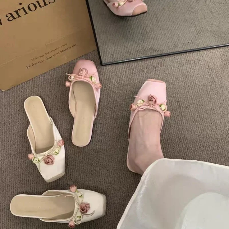 Satin Flower Slippers Women 2025 Summer Non-slip Casual Slide Comfy Light Fashion Ethnic Style Sandals Flat Floral Mule Shoes 5