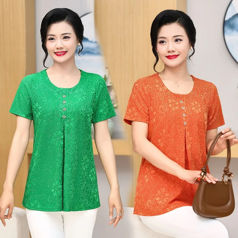 

Women's Clothing Summer Round neck Jacquard Casual T-shirt Commute All-match Button Spliced Loose Pullovers Tops Female