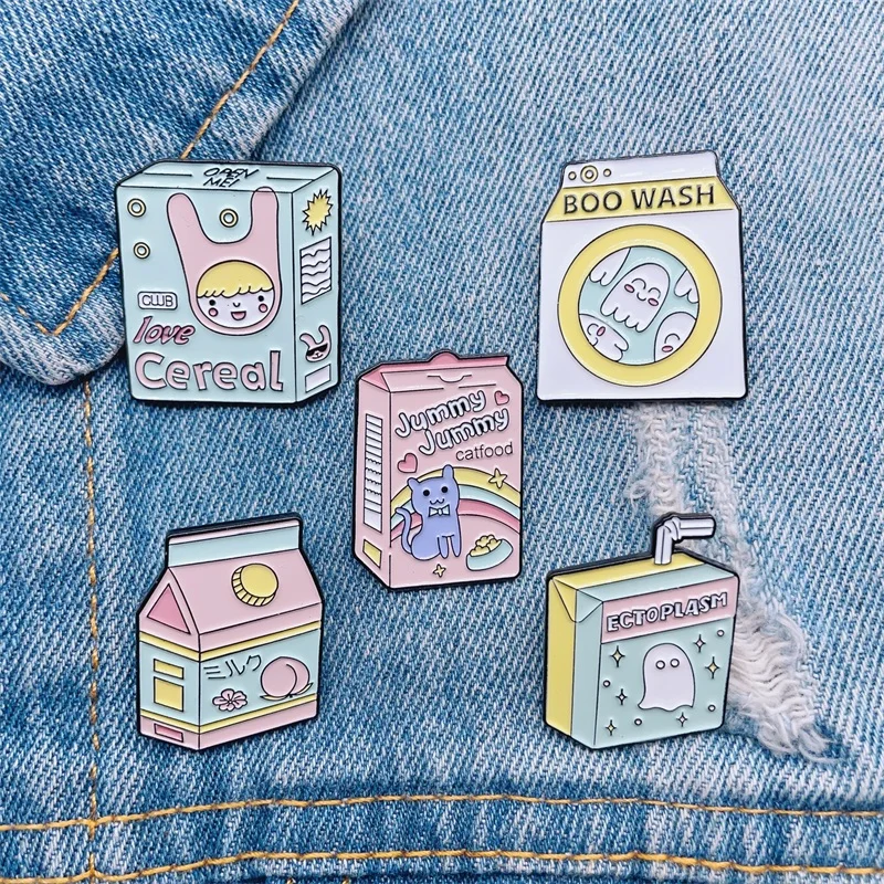 Cartoon Sweet Milk Box Spilla Smaltata Love Rainbow Animal Cat Ghost Alloy Pins Badge Fashion Women Jewelry Gift For Friends