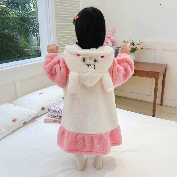 Autumn Winter 1-8Y Girls Flannel Pajamas Cartoon Hat Ear Spliced Kids Girls Robe Strawberry Pocket Warm Toddler Loungewear