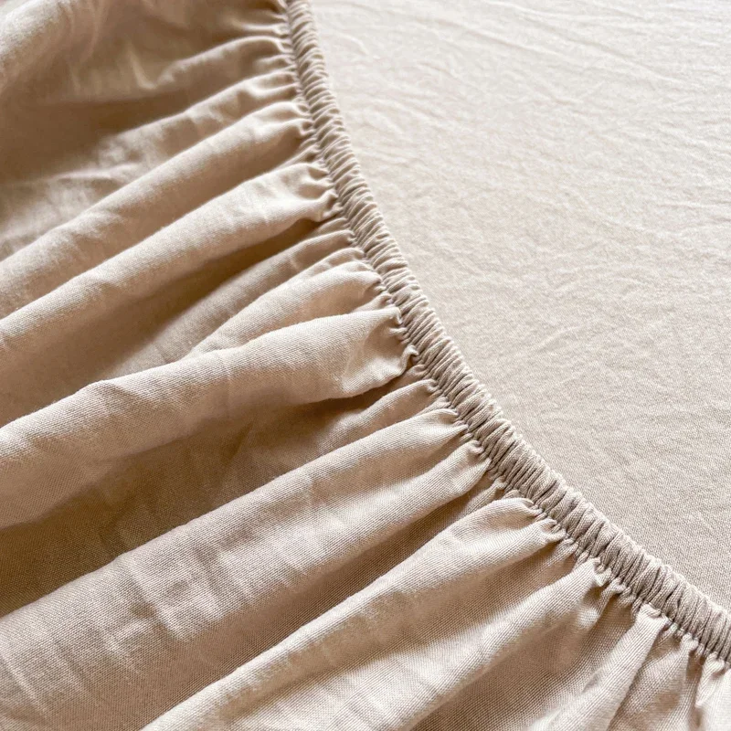 Beige Fitted Bed Sheets Washed Cotton Ultra Soft Slightly Wrinkled Linen Feel Breathable Deep Pocket Solid Mattress Protector 4