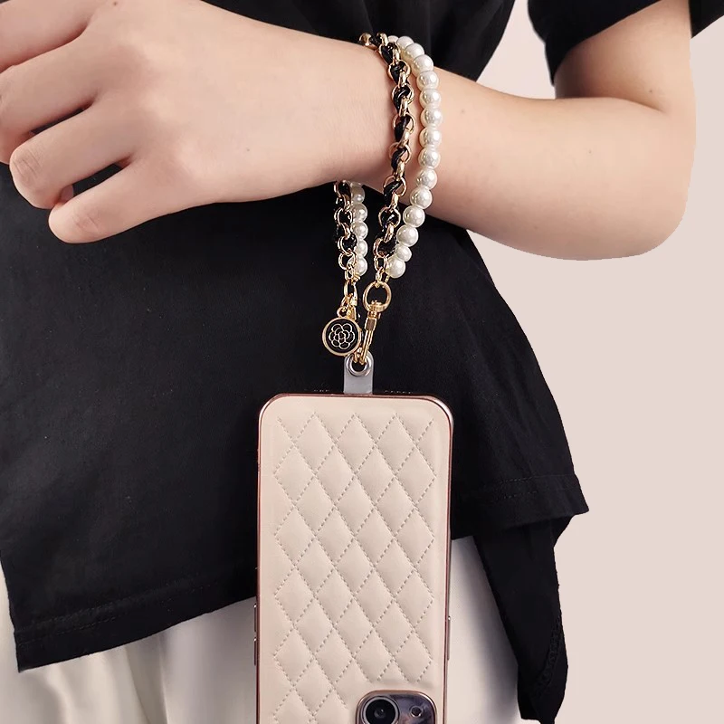 Pearl & Leather Hand-Woven Mobile Wrist Lanyard with Flower Pendant