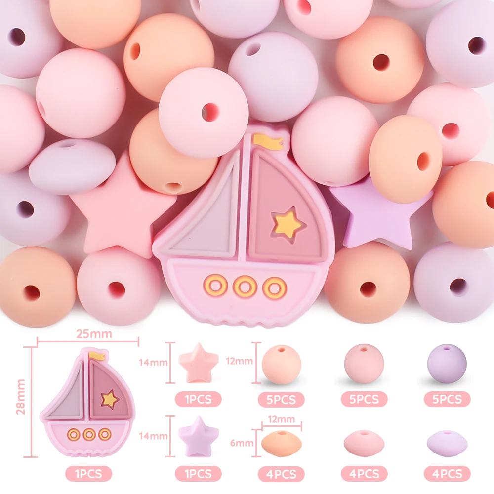30Pcs/Set Silicone Beads Set Baby Cartoon Sailboat Star Round Shape Teething Beads Teether DIY Pacifier Clips Chian Accessories 4