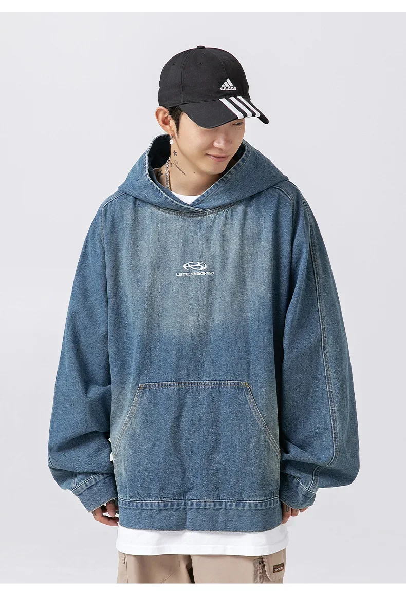 Vintage Denim Hoodie Loose Pullover Black Hooded Women's Denim Jacket Mens Harajuku Oversized Hip Hop Streetwear Y2K Clothing