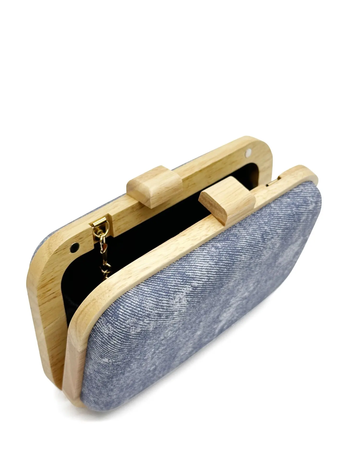 Vintage Washed Denim Clutch Bag for Women Chains Shoulder Crossbody Bags Fashion Wooden Clip Evening Party Purses Wedding Bag