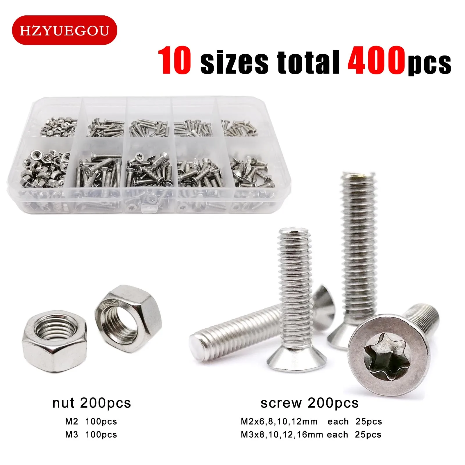 Description Picture 2 of item400pcs/box M2 M3 GB2673 Torx Flat Countersunk Head Screw Bolt Hex Nut Mix Size Assortment Set Kit 304 A2-70 Stainless Steel