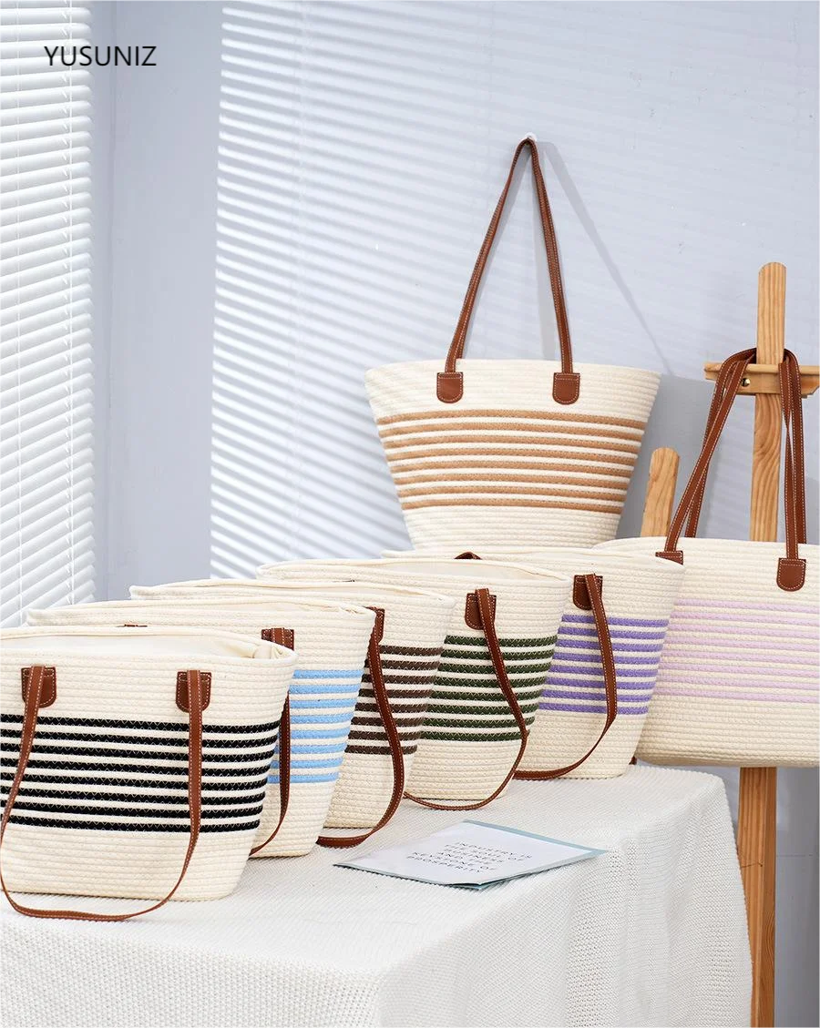 

YUSUNIZ New Women's Bag Striped Cotton Rope Woven Bag Forest Grass Woven Bag Korean Holiday Handmade Cotton Rope Tote Beach Bag