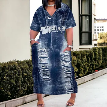Femmes grande taille Denim impression 3D mode Maxi robes décontracté doux t-shirt robe 1