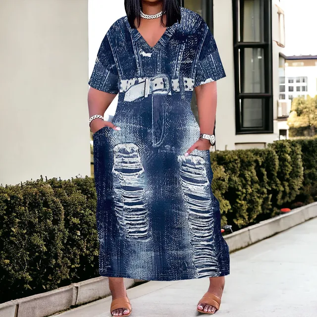 Femmes grande taille Denim impression 3D mode Maxi robes décontracté doux t-shirt robe 1