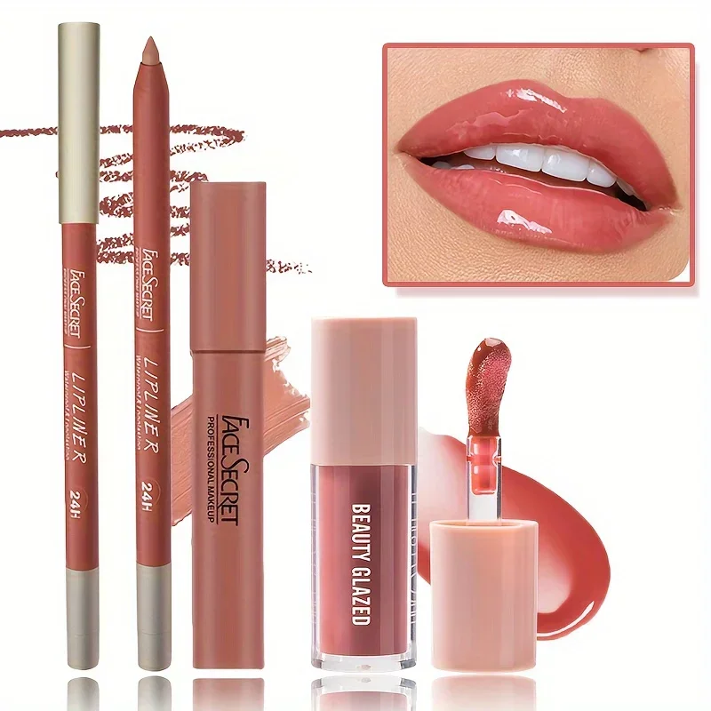 3pcs Lipliner Set,Lip Liner + Lipstick + Lip Oil,Nude Matte Velvet Long-lasting Waterproof Lipstick