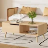 Oak Coffee Table, Mid Century Modern Coffee Table with Drawer & Shelf, 39'' Wooden Simple Console Table for Living Room 1