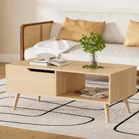 Oak Coffee Table, Mid Century Modern Coffee Table with Drawer & Shelf, 39'' Wooden Simple Console Table for Living Room 1
