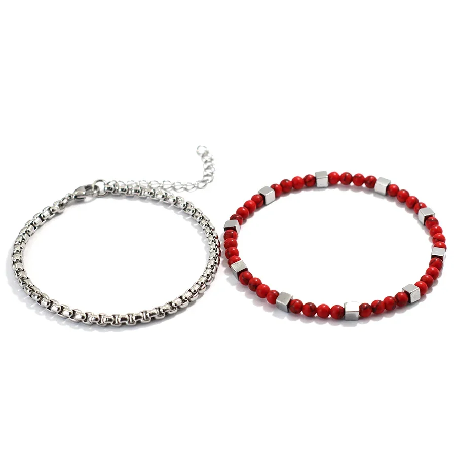 Stainless Steel Men Cuban Chain Bracelet with Hematite Stone