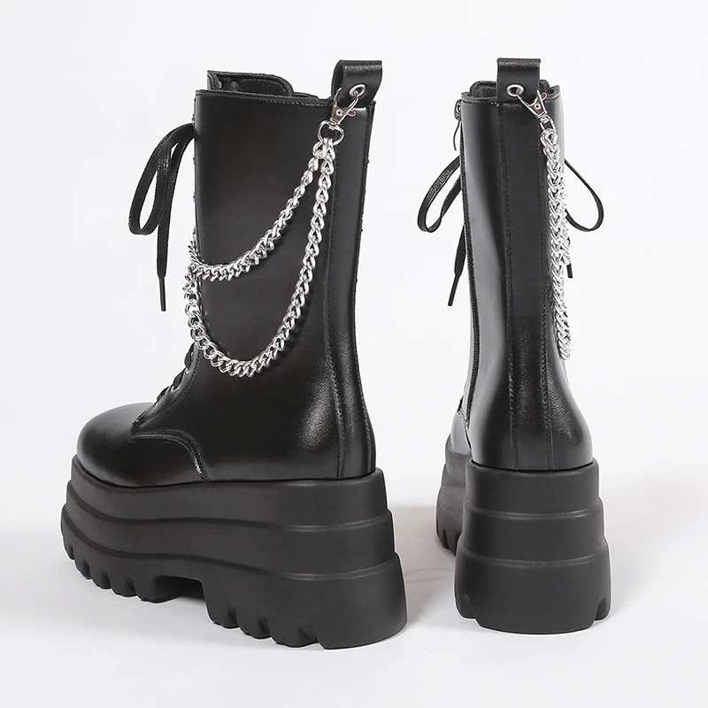Black Punk Chunky Ankle Boots Women Autumn Winter Leather Platform Sneakers Woman Gothic Thick Bottom Motorcycle Booties Female