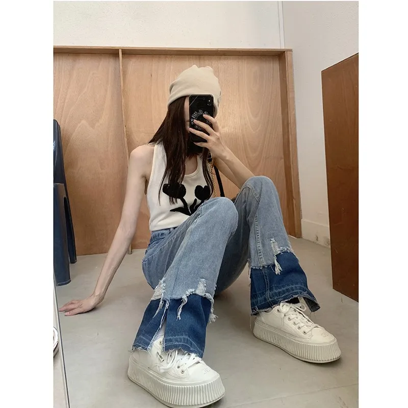 

Korean Style New Arrival Summer Women Cotton Denim Patchwork Ankle-length Pants Button Fly Waist Straight Casual Jeans V538