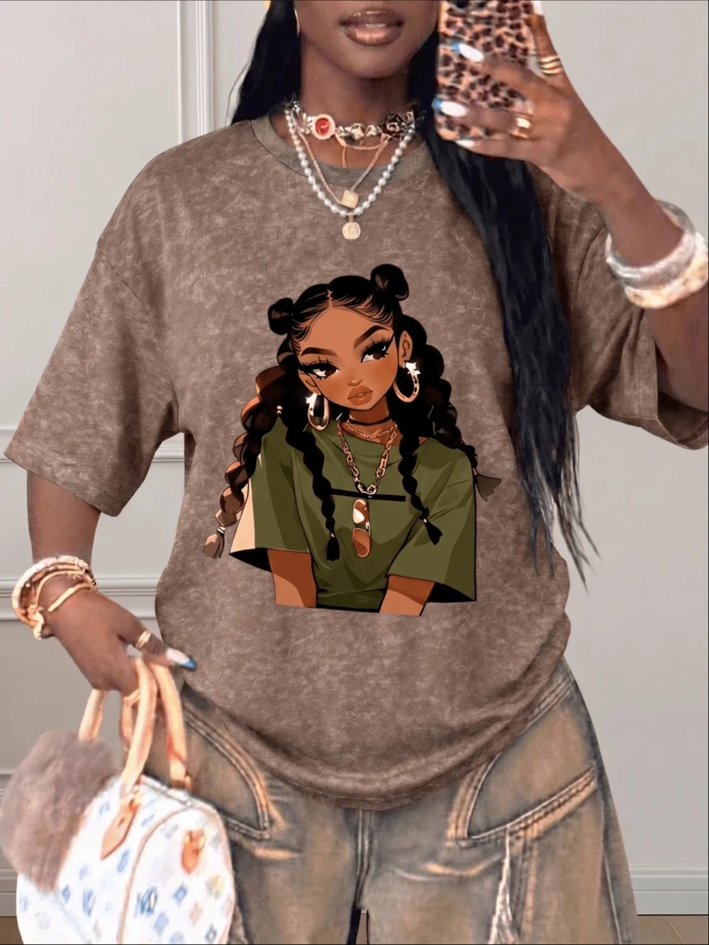 2026 Retro-Muster T-Shirt Urban Girl "Bad Girl" Teenager-Ästhetik T-Shirt Einzigartiger O-Ausschnitt Streetwear Spaßiger Stil Lässiger Sommer Damen