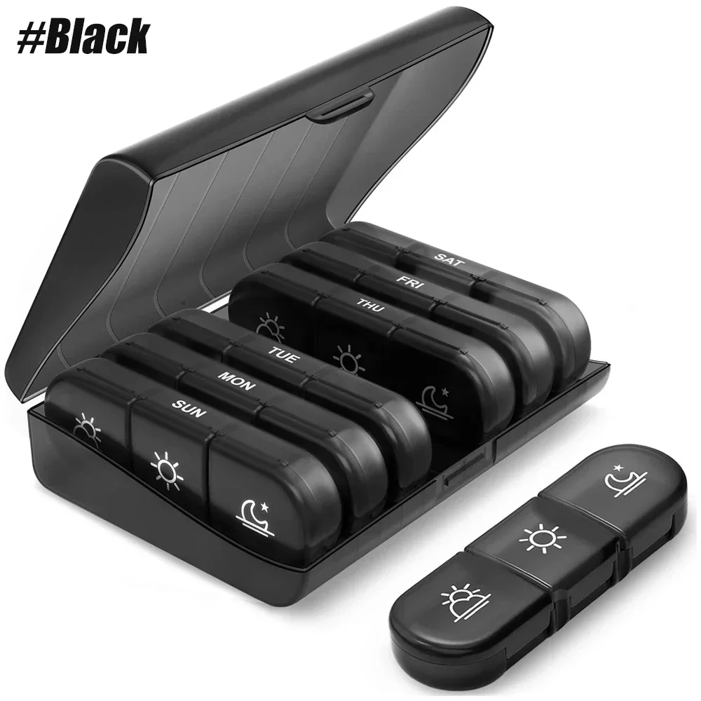 Portable 7-Day Pill Organizer for Vitamins, Medications & Supplements