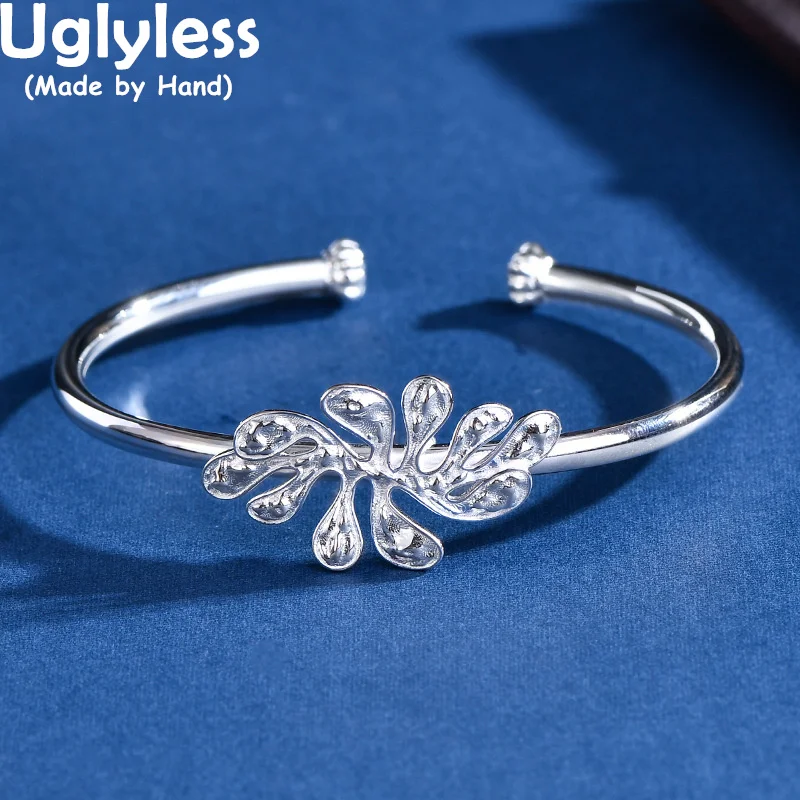 Uglyless Creative Palma Bangles For Women Glossy 925 Sterling Silver Exotic Jewelry Flower Buds Bracciali Fashion Bangles Leaf