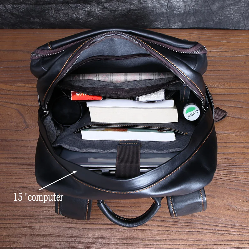 Men's Leather Double Shoulder Baothead Layer Cowhide Backpack Large Capacity Travel Bag Leisure School Bag Simple Computer Bag 5