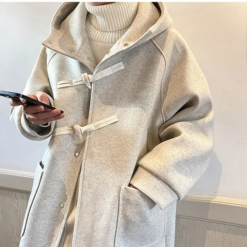 Winter Men Coats Women Solid Hooded Long Jacket with Cowhorn 2024 New Korean Casual Loose Coat Fashion Male Clothing for Unisex