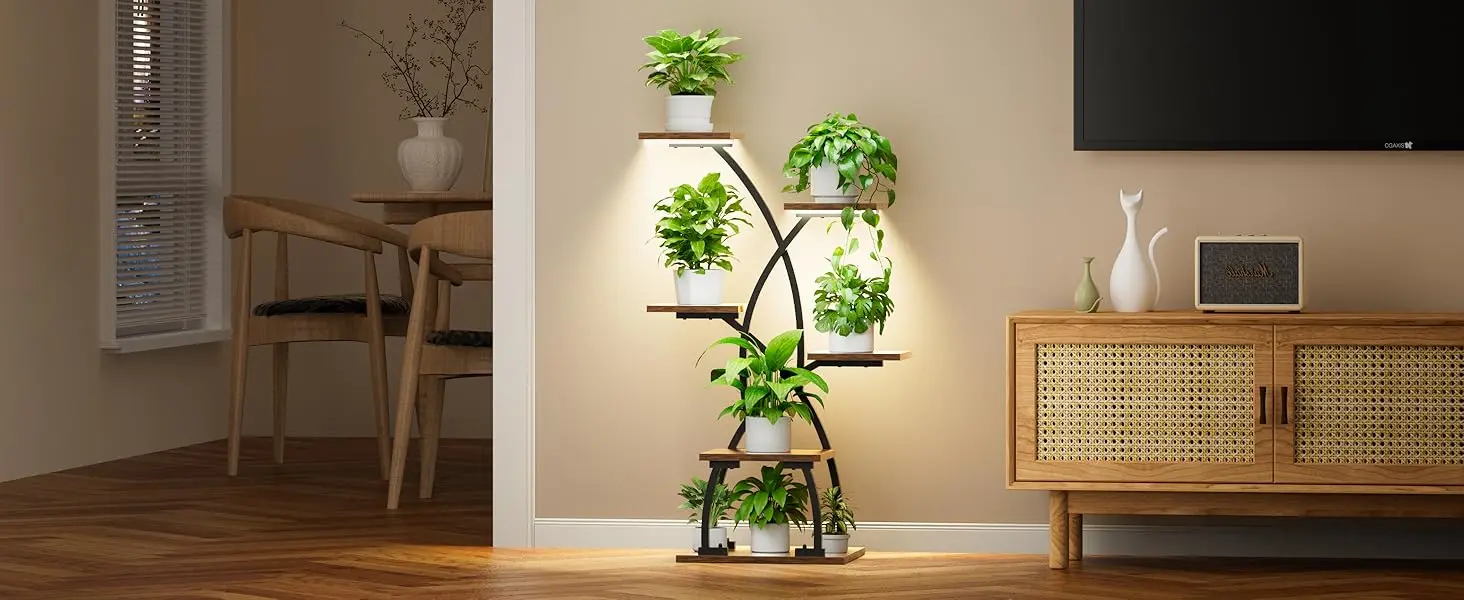 Plant stand indoor with grow lights for home.