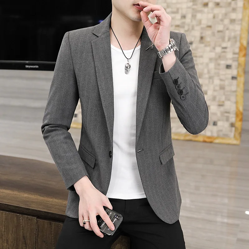 New Men's Solid Color Gentleman Slim Trend Casual Striped Blazer All Match British Style Breathable Youth Fashion Handsome Suit