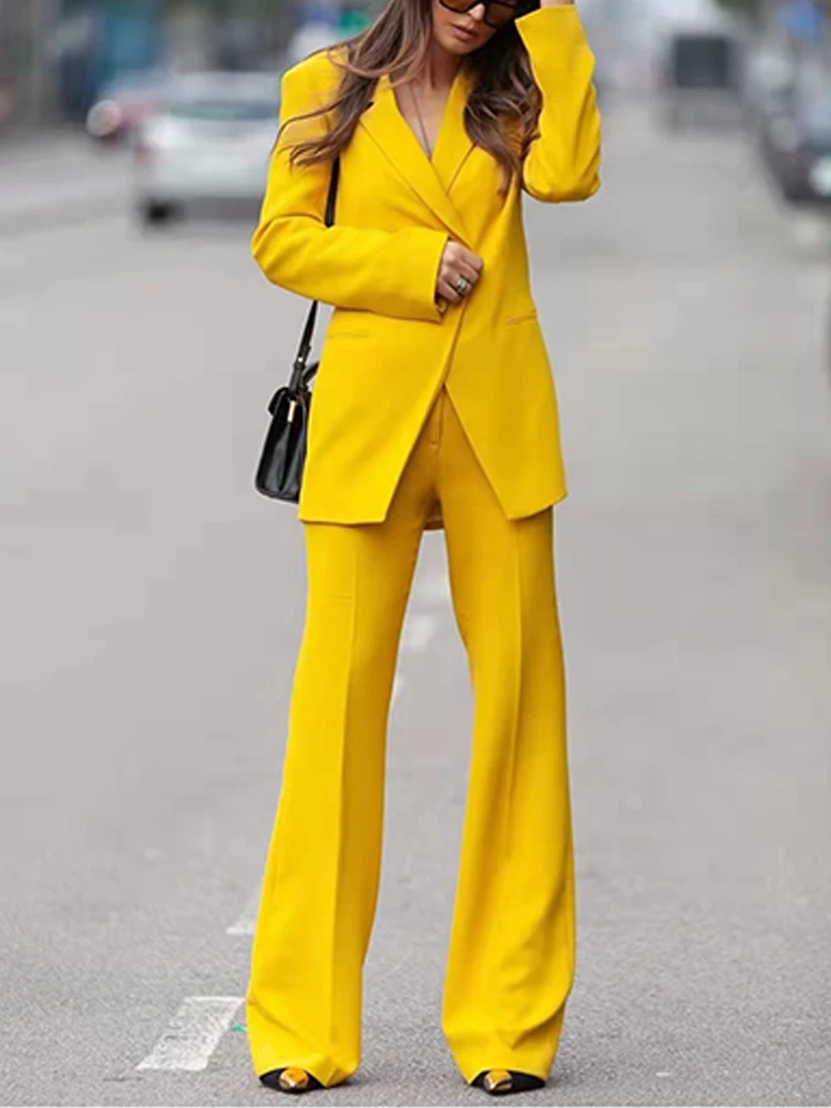 PUWD Yellow Women V Neck One Breasted Solid Blazer 2022 Spring Fashion Ladies Office Lady Casual Blazer Female Long Sleeve Suit dressy pant suits to wear to a wedding