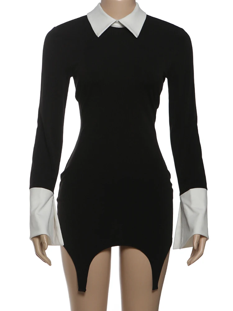 Nibber Lapel Patchwork Dress Women Office Style Irregular Hem Hollow Short Tassel Single Buckle Skinny Fashion Mini Bodycon