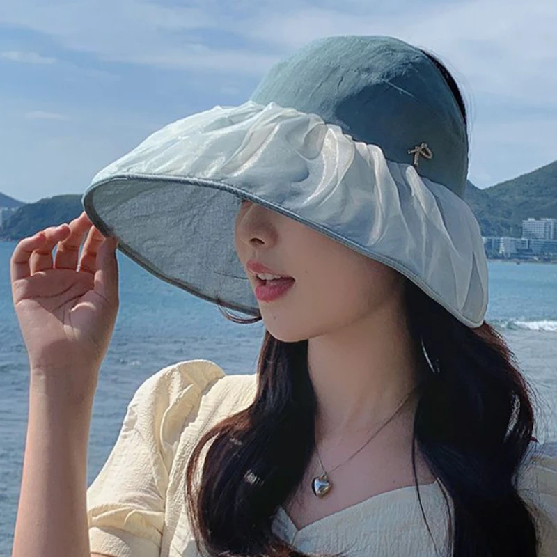 

New Style 2023 Summer Sun Hat for Women Luxury Lace Double Brim Empty Top Cap Rhinestone Letter Label Seaside Beach Bucket Hat