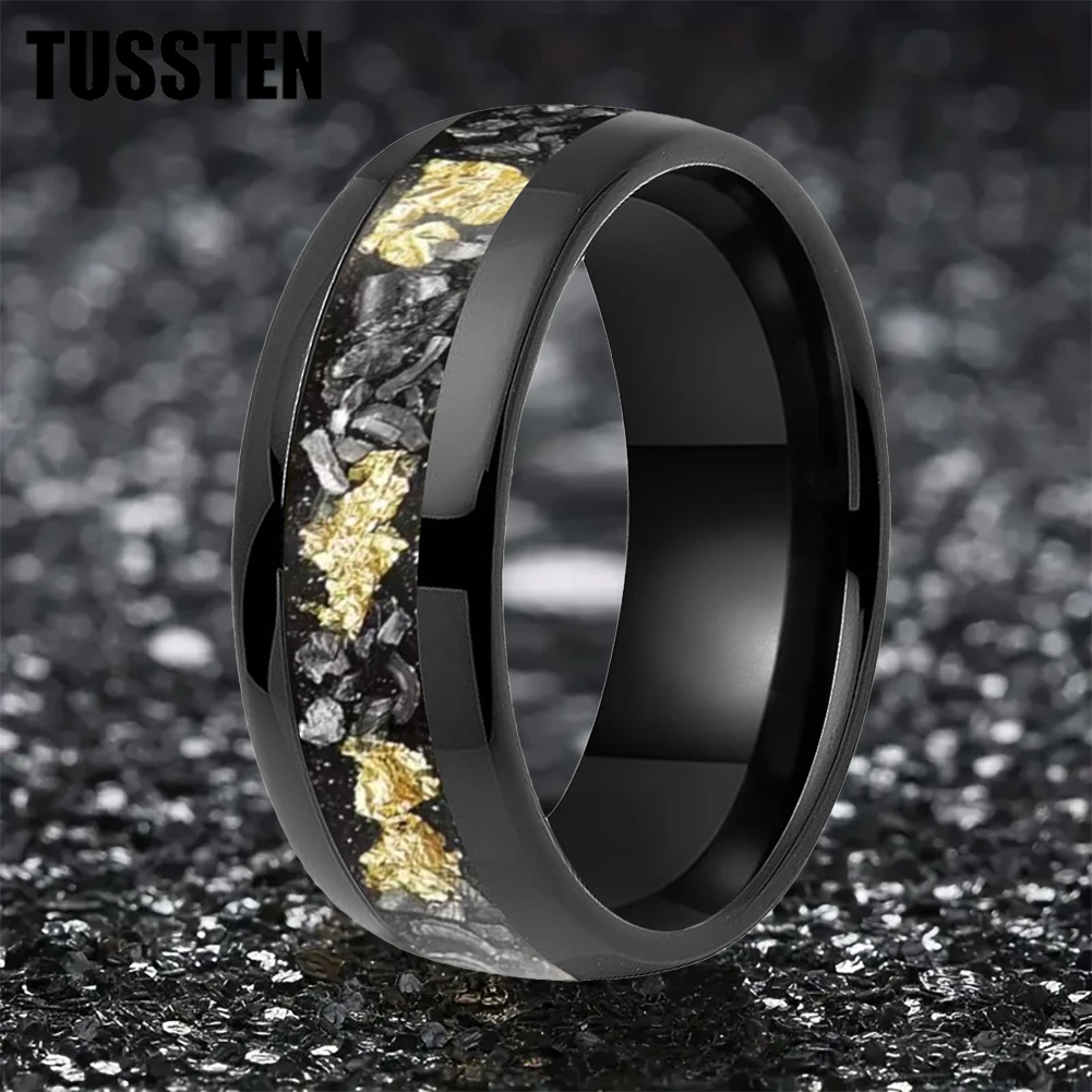 TUSSTEN 6/8MM Dome Edges Mens Womens Fashion Engagement Wedding Band Meteorite Gold Foil Inlay Tungsten Carbide Rings