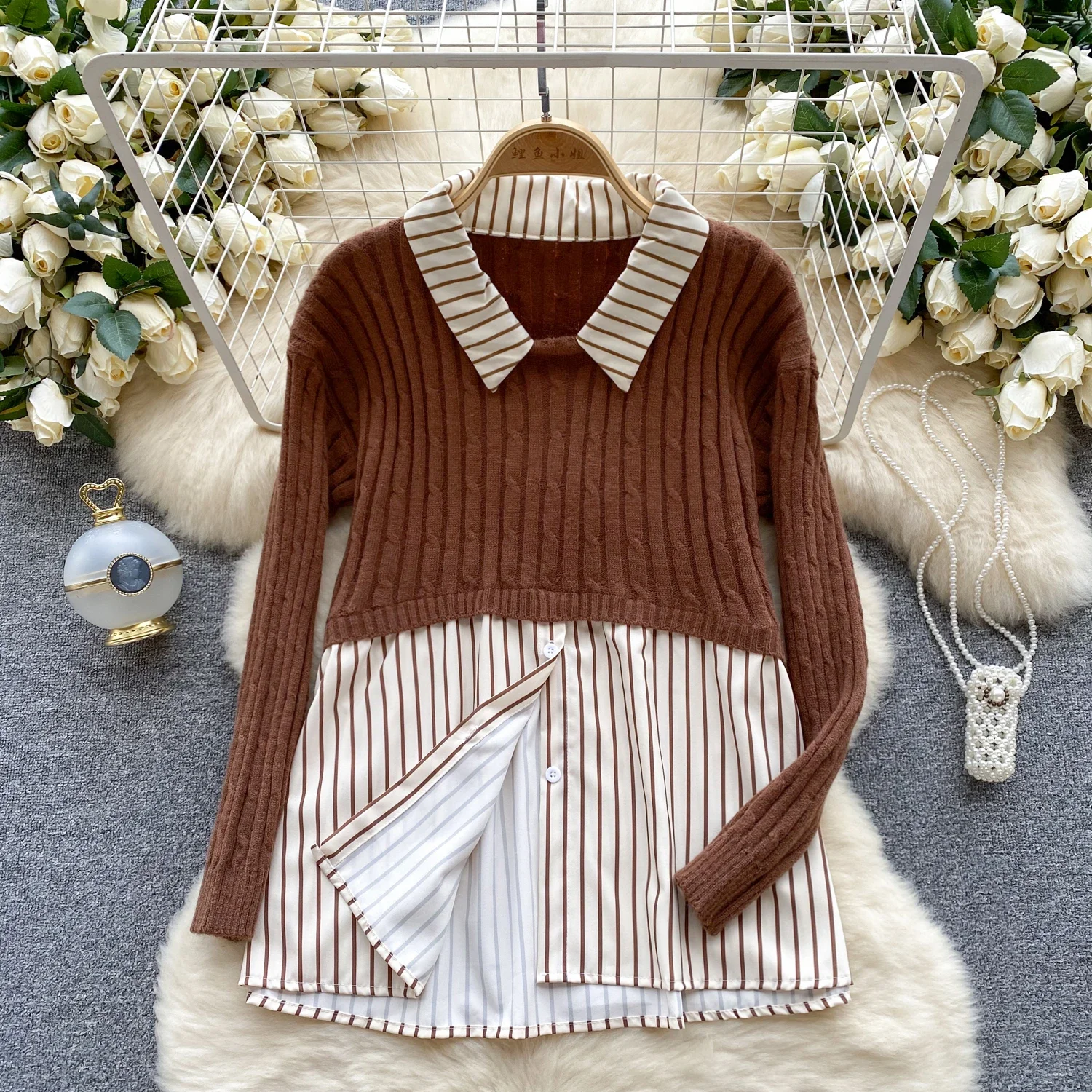 

VANOVICH Simple Style Fashion Fake Two-piece Female Loose Casual Knitting Patchwork Striped Sweater Temperament Long Sleeve Top