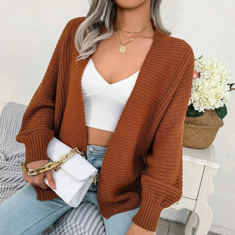New Y2k Elegant Autumn and Winter Women's Clothing Cardigan Sweater Retro Solid Color V-neck Knitwear Jacket Lantern Sleeve Top