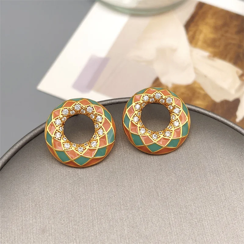 

European And American Retro Geometric Circular Inlaid Zircon Colored Enamel Glaze Stud Earrings For Women Fashionable Earrings