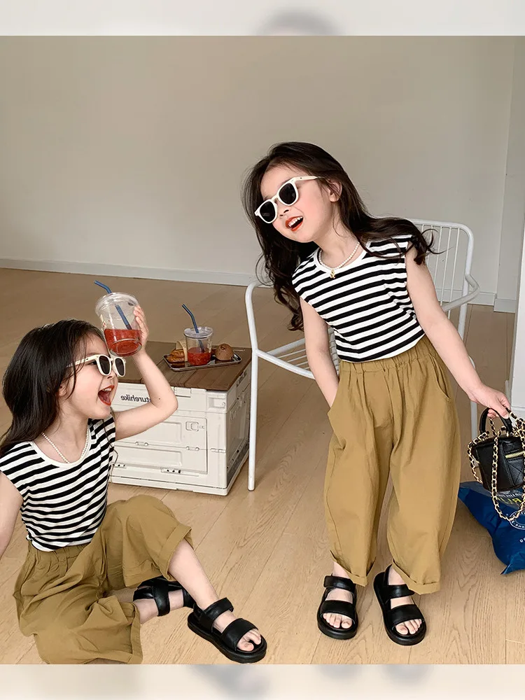 

Girls' Suit Summer New Sleeveless Striped Vest+Casual Pants2Suit Fashion Children One Piece Dropshipping