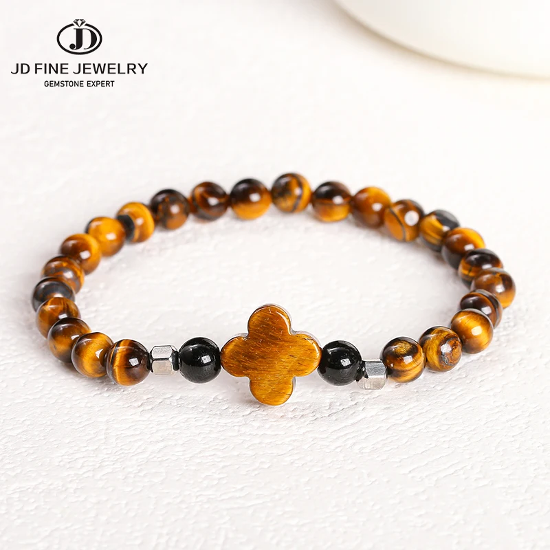Jd Natural Stone Yellow Tiger Eyes Stone Four-Leaf Clover Strand Bracciali Donna Bohe Simple 6Mm Bead Stretch Yoga Energy Gift