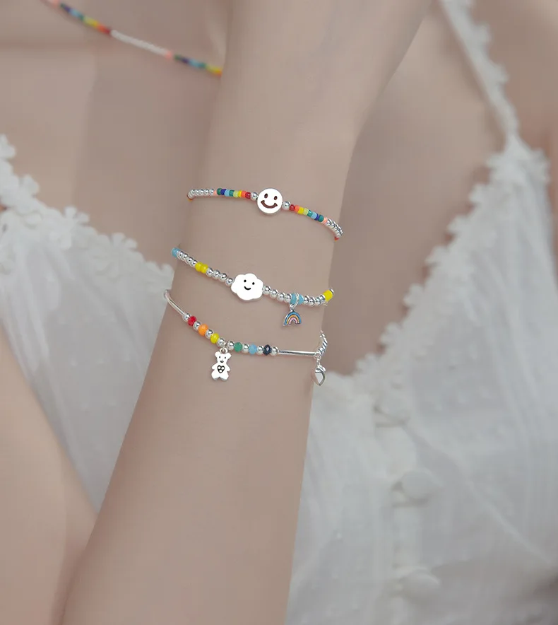 다채로운 비즈 볼 팔찌 및 나비, 웃는 얼굴 무지개 구름 사랑 작은 곰 핸드 쥬얼리