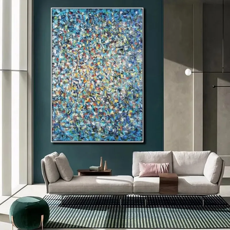 Dipinto a Olio Astratto Blu Fatto a Mano su Tela Design Semplice e Disordinato Arte da Parete per Decorazione Soggiorno - immagine 3