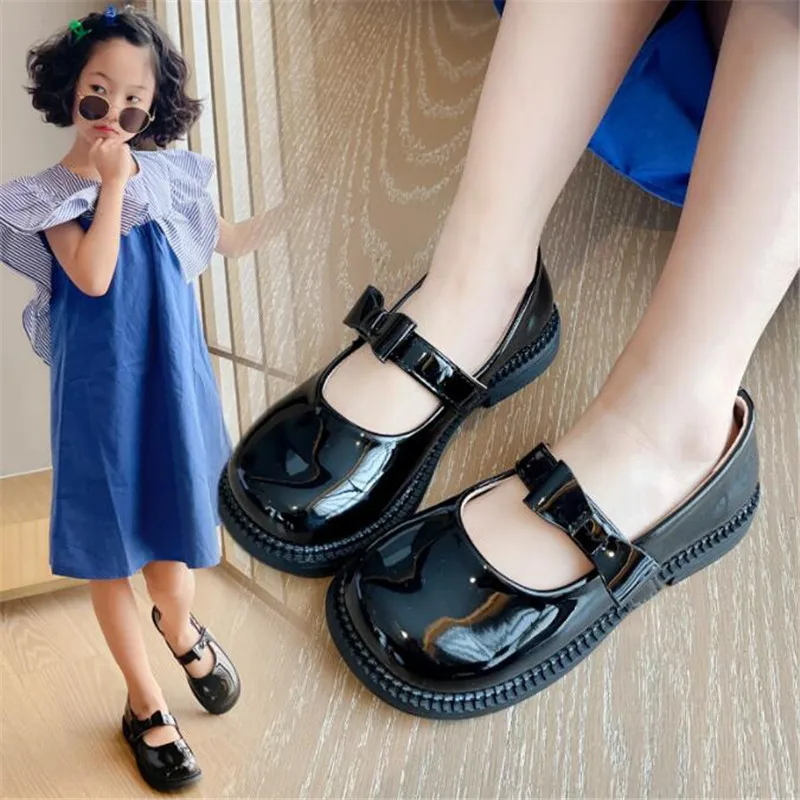 

Детские черные школьные кожаные туфли, детские туфли на плоской подошве из лакированной кожи, водонепроницаемая Нескользящая простая обувь для девочек с бантом