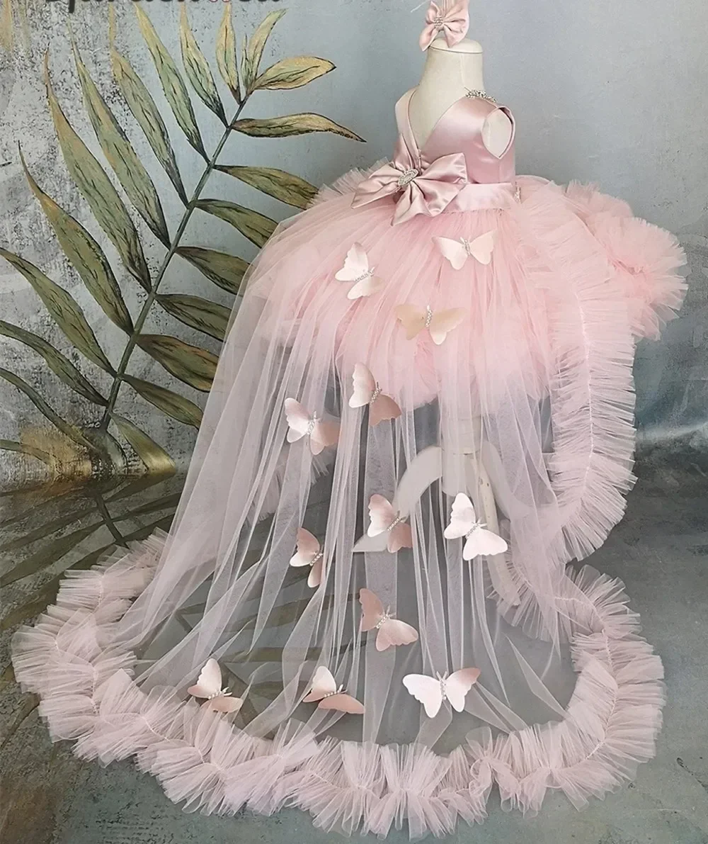 

Fashion Pink Flower Girl Dresses Tulle Rhinestone Butterfly Puffy Birthday Wedding Party Ball Gown Ruffles Child Pageant Robe