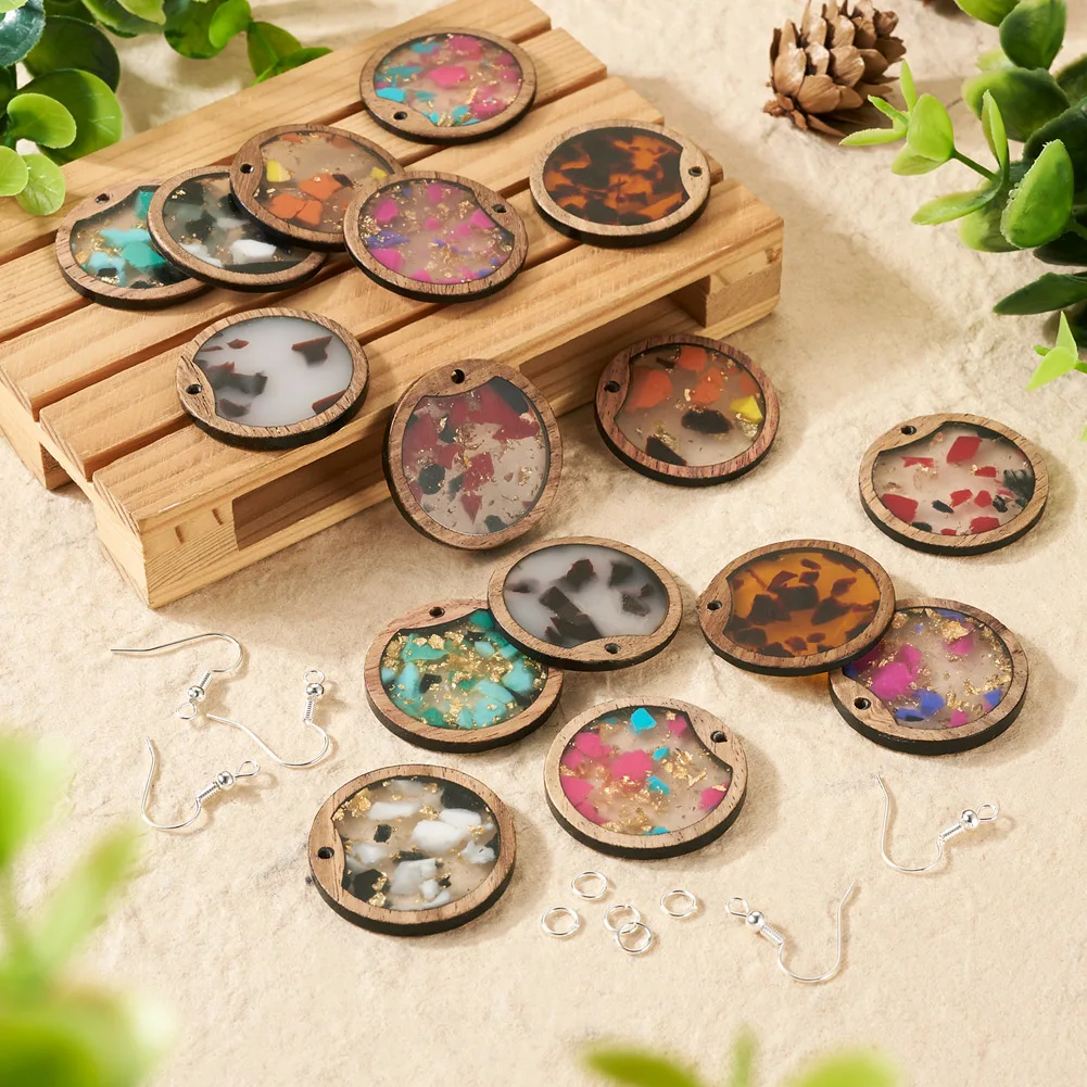 Round Oval Rectangle Colorful Resin Wood Pendant Jump Rings Earring Hooks for DIY Danlge Earring Making Findings