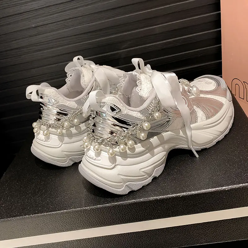 New Women's Fashion Thick Sole Heightened Silver Dad Shoes Mesh Breathable Casual Sports Shoes 3