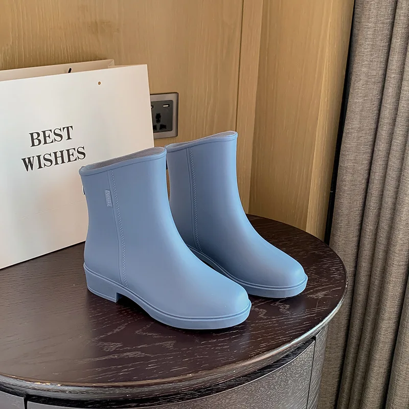 New Women Fashion Ankle PVC Rain Boots Waterproof Back Zipper Rainboots Non-slip Water Shoes Outdoor Wellies Boots