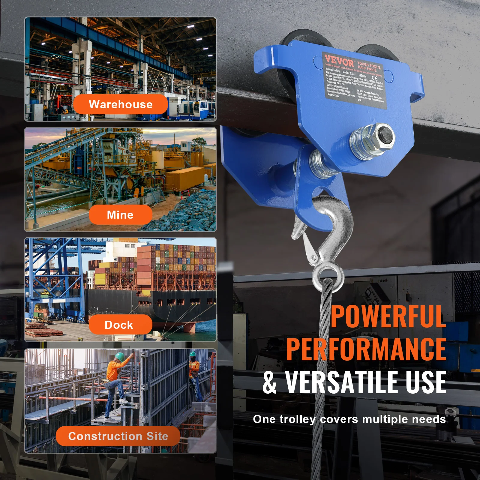 Beam Trolley Hoist 0.5/1/2/3Ton Manual Push Dual Wheels Adjustable Width 2.5-5.5in Garage Hoist for Straight Curved I Beam