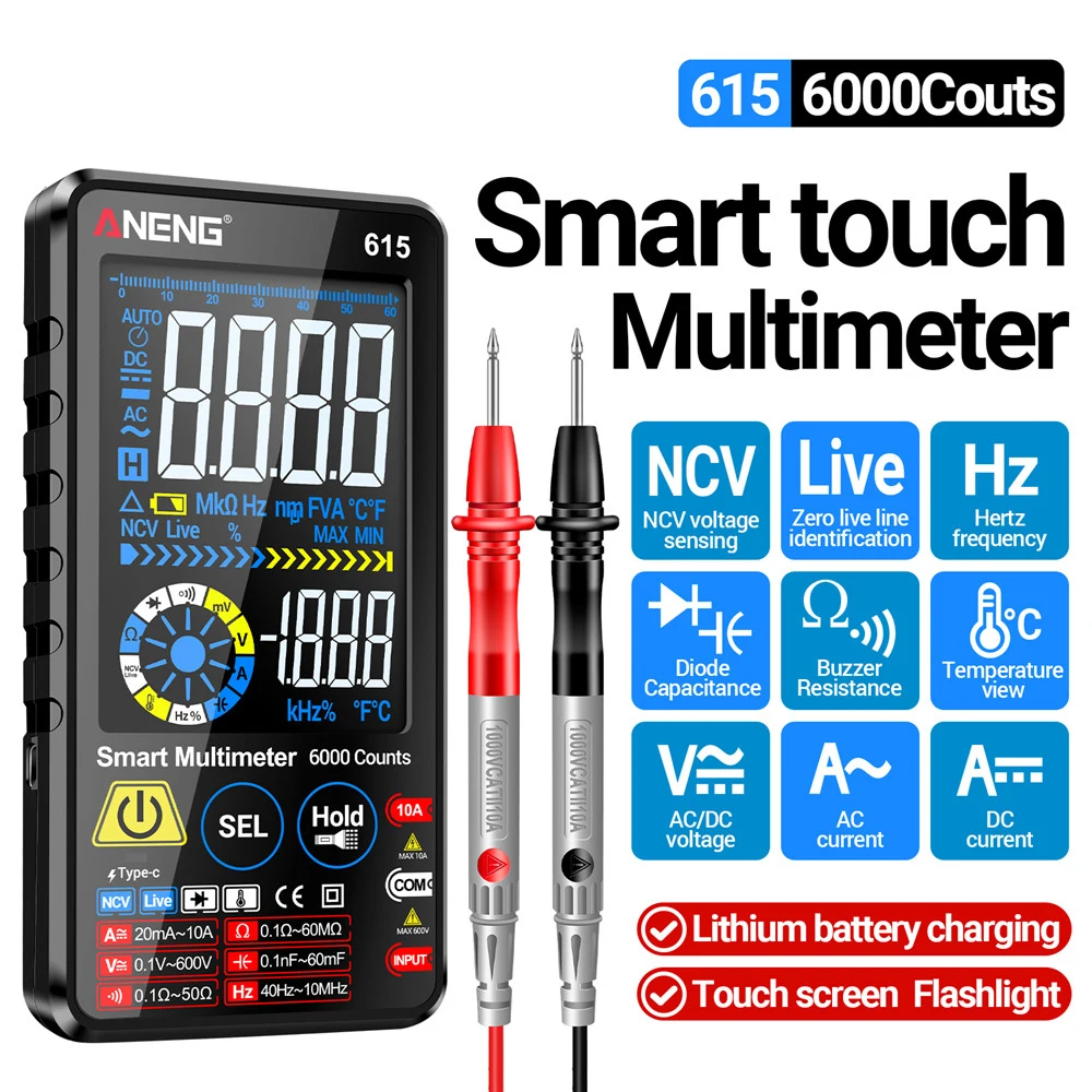 615 Multimeter Digital Smart Touch Screen 6000 Count AC/DC Current Voltage NCV Diode Lithium Battery Charging Tester Tools