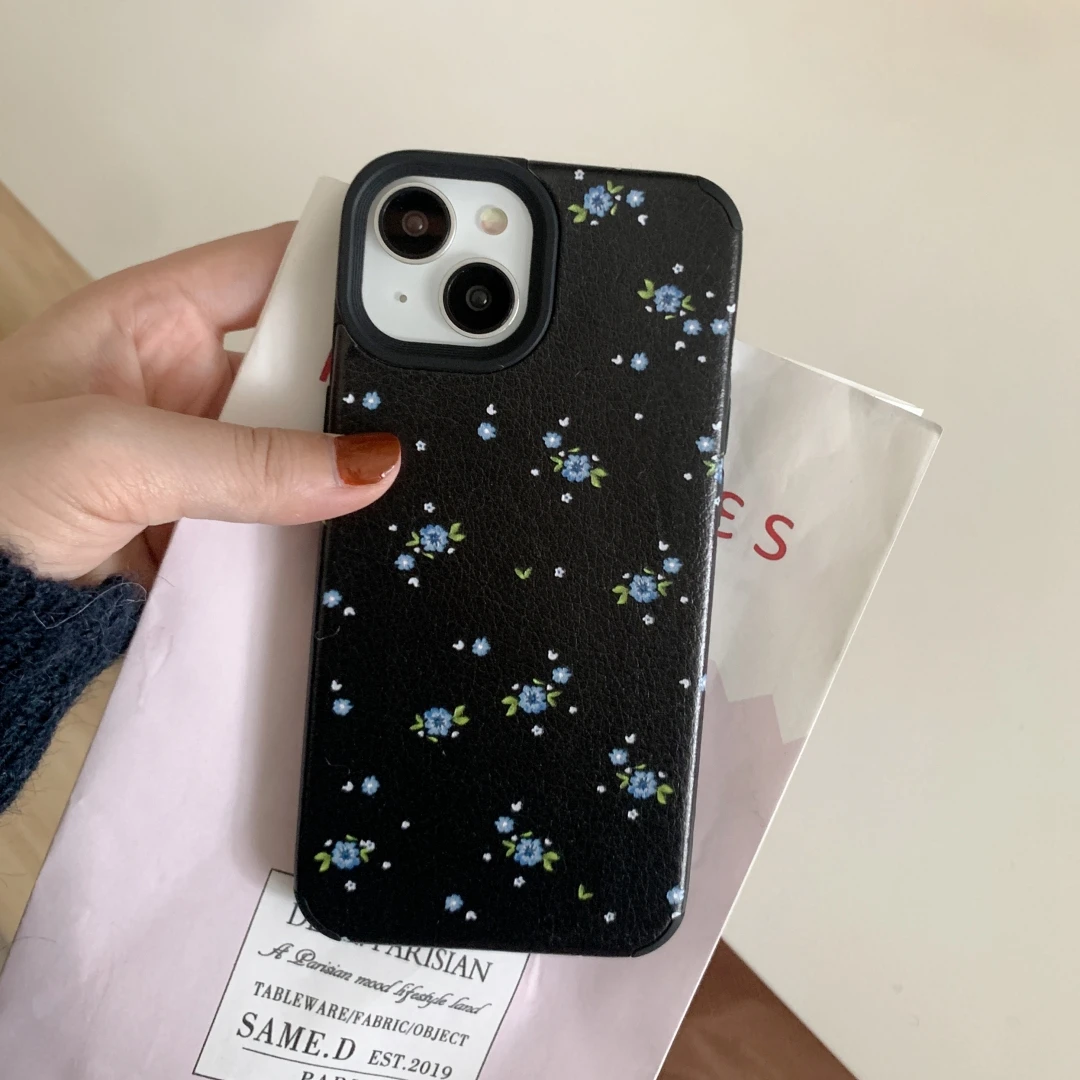Black Floral Leather Phone Case for iPhone