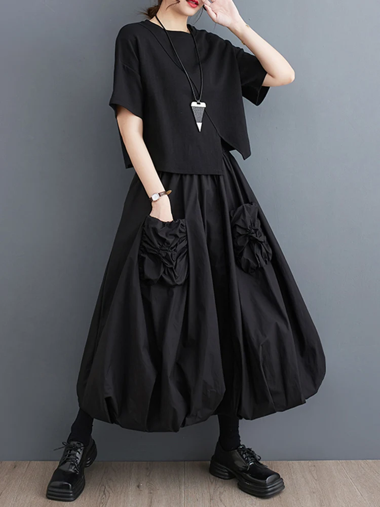 Black Vintage High Waist Pleated Skirt Women Fashion Pocket Loose Casual Bilayer Long Skirts Clothes New Spring Summer 2025
