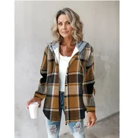 Casual Large Plaid Women's Coat New Style Hooded Loose Fit Woolen Jacket Full Sleeve Length Character Pattern Chinese Origin