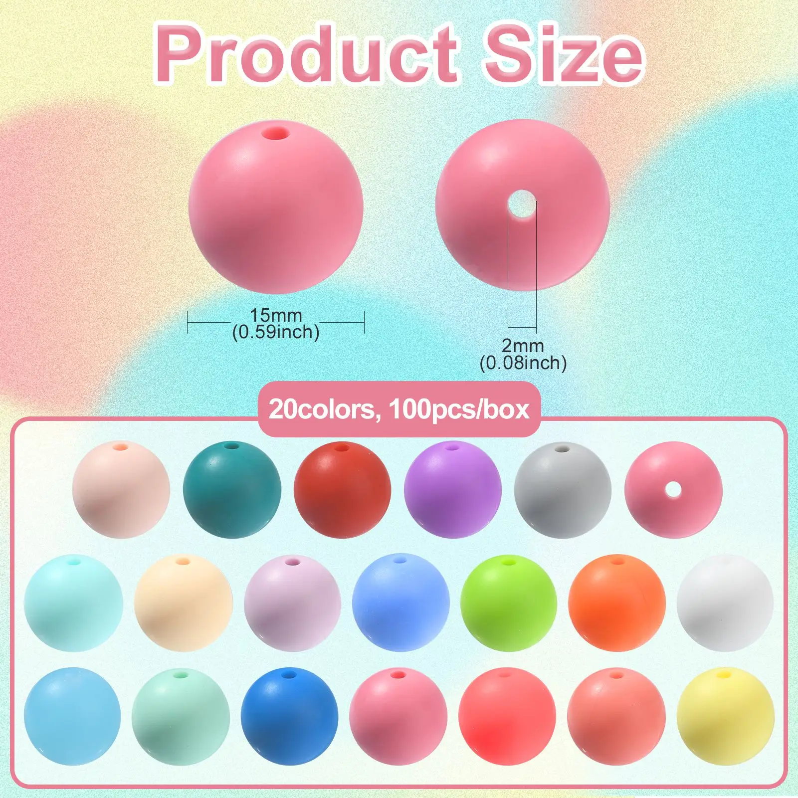 100Pcs Random 15mm Round Silicone Beads Candy Color Rubber Round Loose Beads Silicone Beads for Jewelry Keychain Making