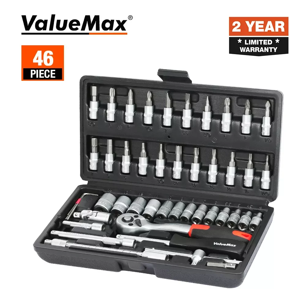 ValueMax 자동차 수리 도구 세트, 정비공 도구 키트, 스크루드라이버, 래칫 스패너, 렌치 소켓, 46 개