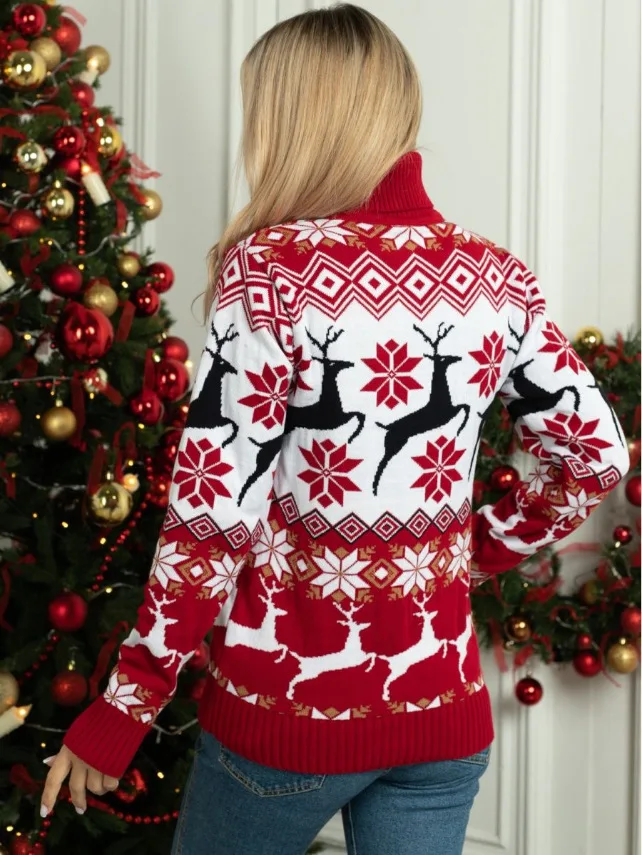 2024 Winter Christmas Women Men Couples Matching Knitting Sweater Warm Thicken Jacquard Knitwear Turtleneck Soft Pullover Jumper